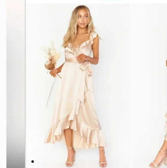 SHOW ME YOUR MUMU RUFFLE WRAP CHAMPAGNE SATIN DRESS - Picture 1 of 3